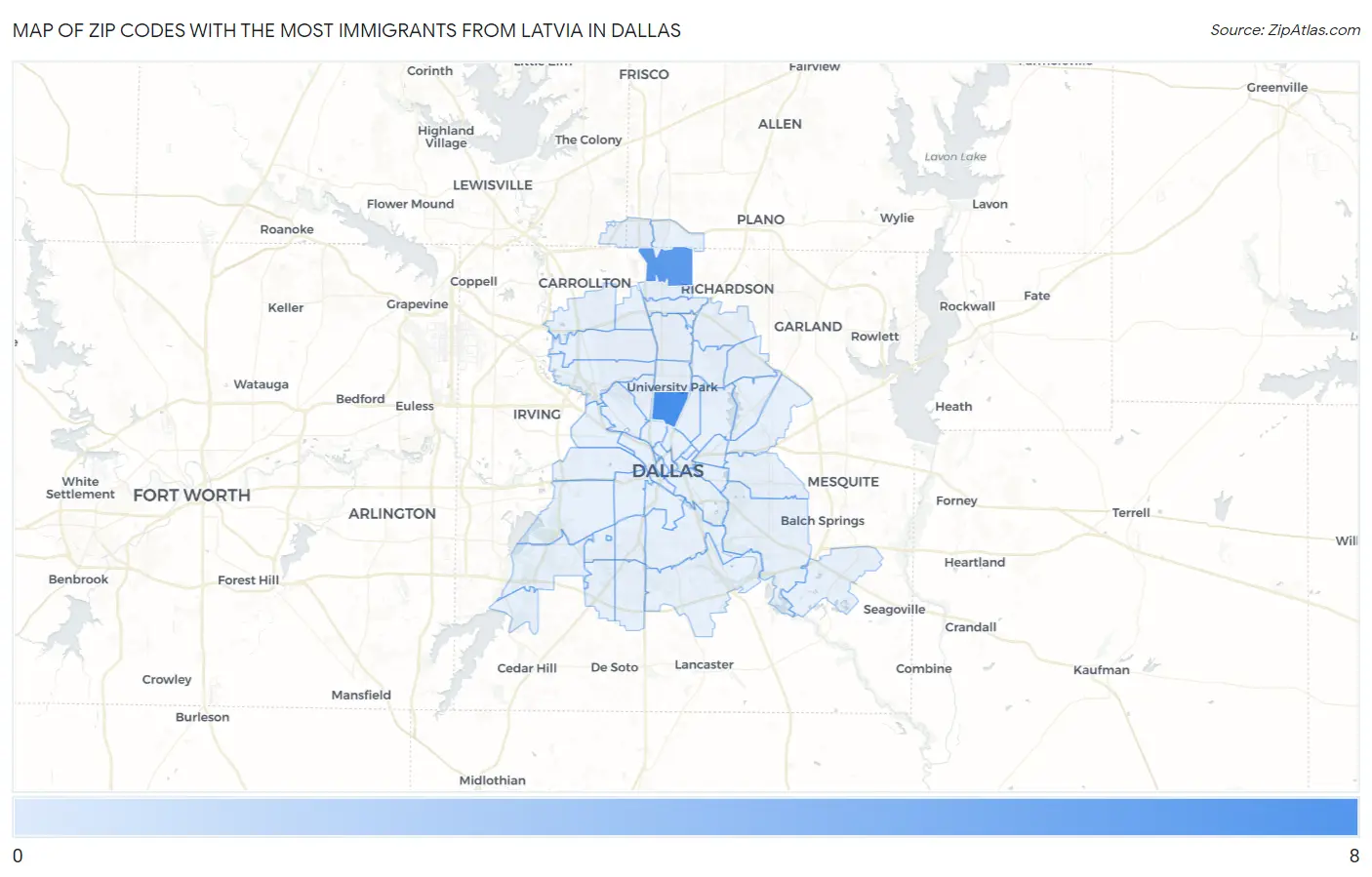 Zip Codes with the Most Immigrants from Latvia in Dallas Map