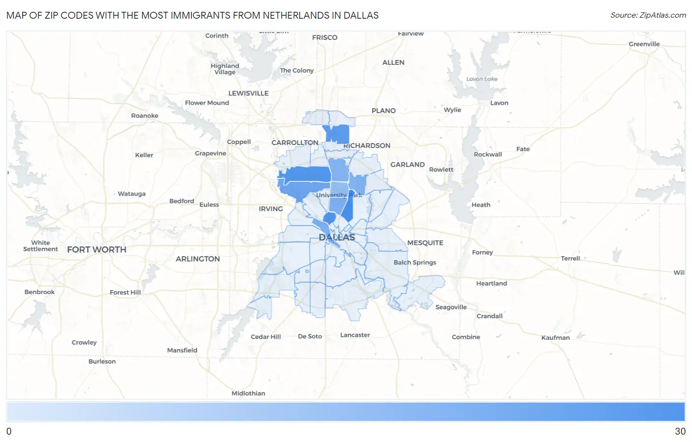 Zip Codes with the Most Immigrants from Netherlands in Dallas Map
