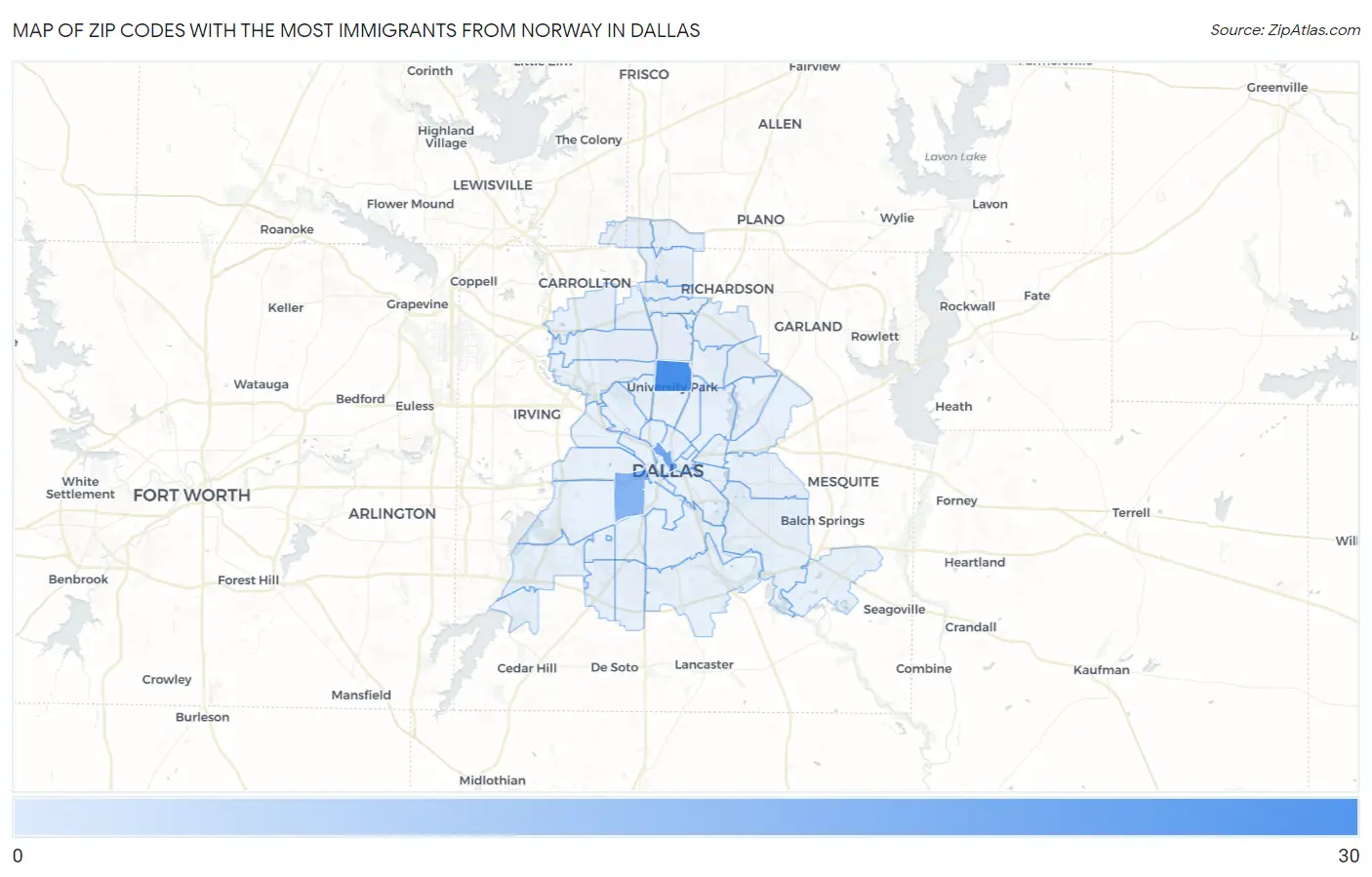 Zip Codes with the Most Immigrants from Norway in Dallas Map