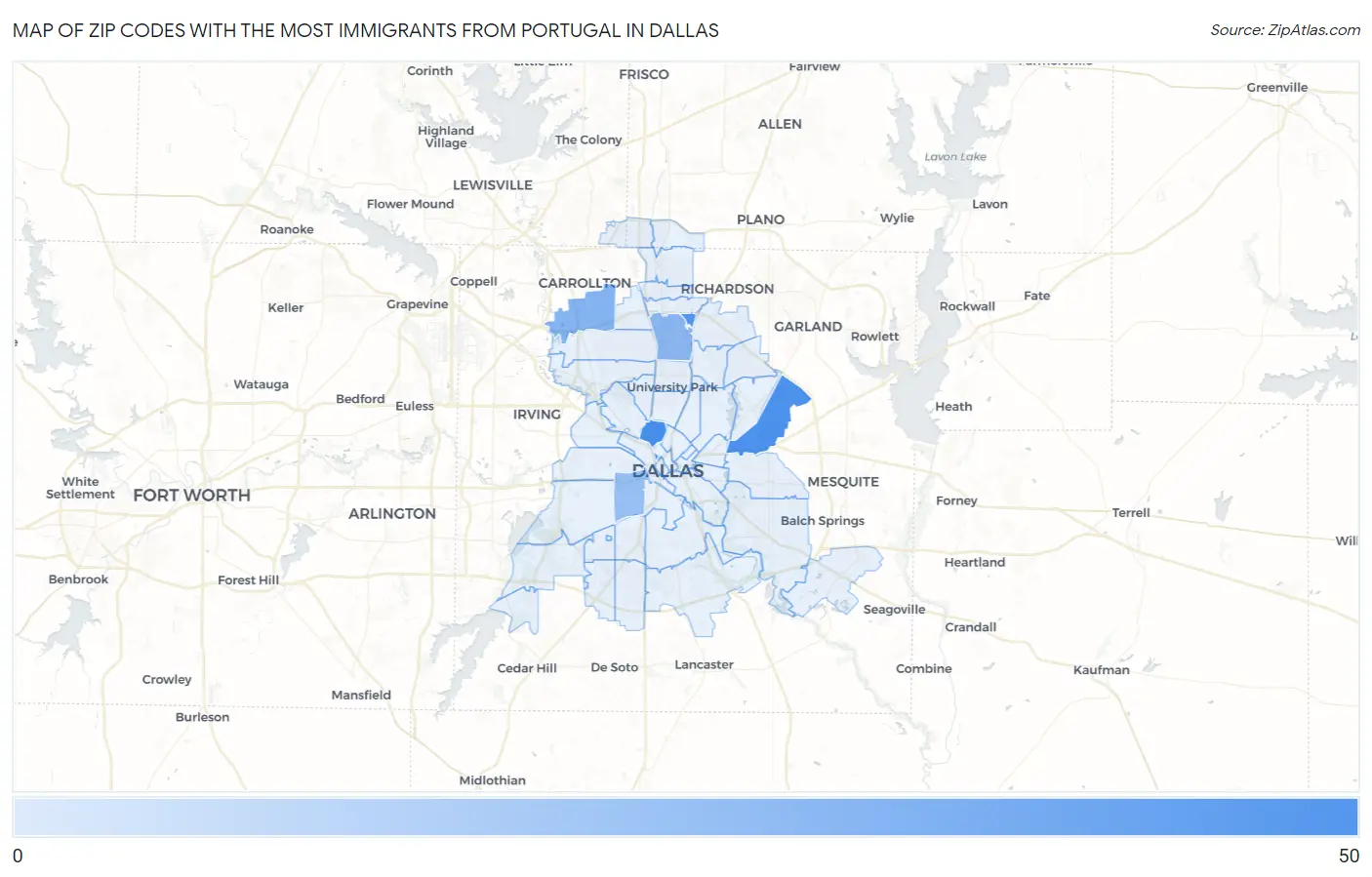 Zip Codes with the Most Immigrants from Portugal in Dallas Map