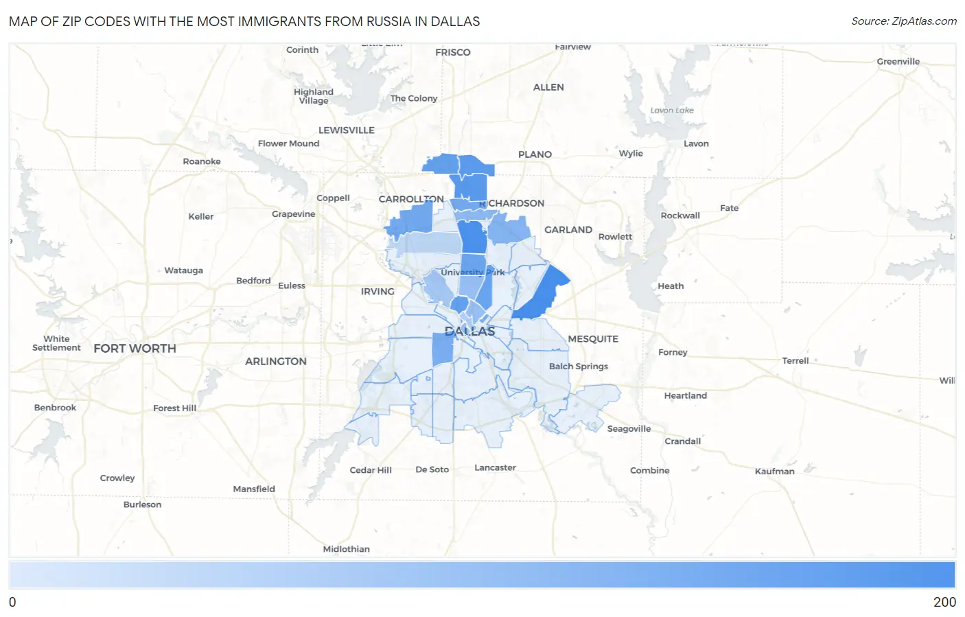 Zip Codes with the Most Immigrants from Russia in Dallas Map