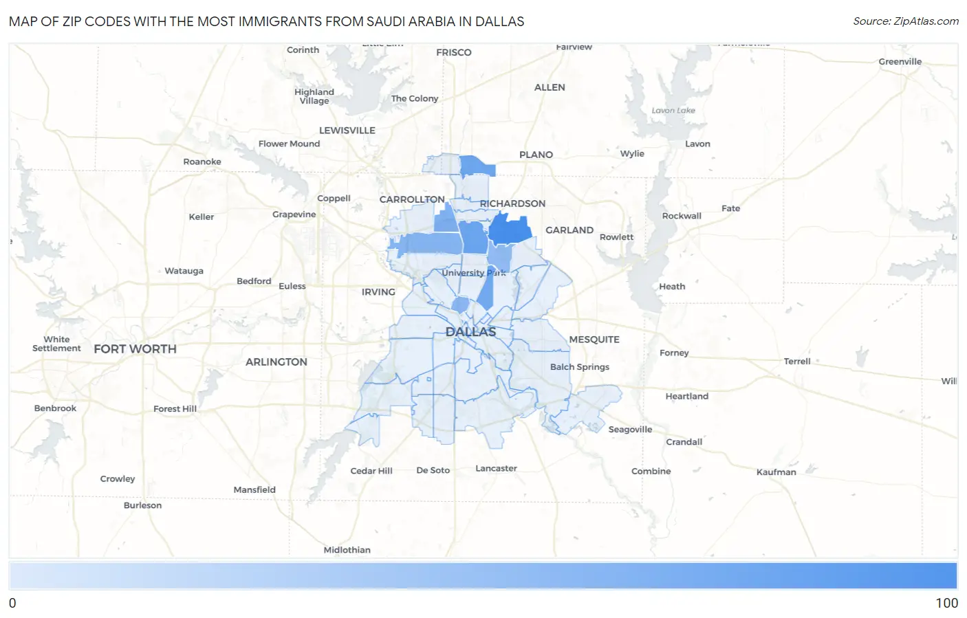 Zip Codes with the Most Immigrants from Saudi Arabia in Dallas Map