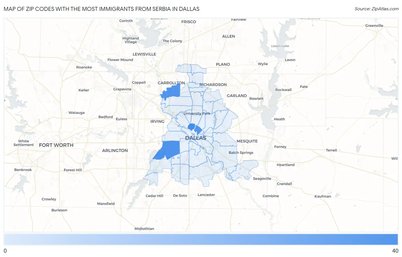 Zip Codes with the Most Immigrants from Serbia in Dallas Map
