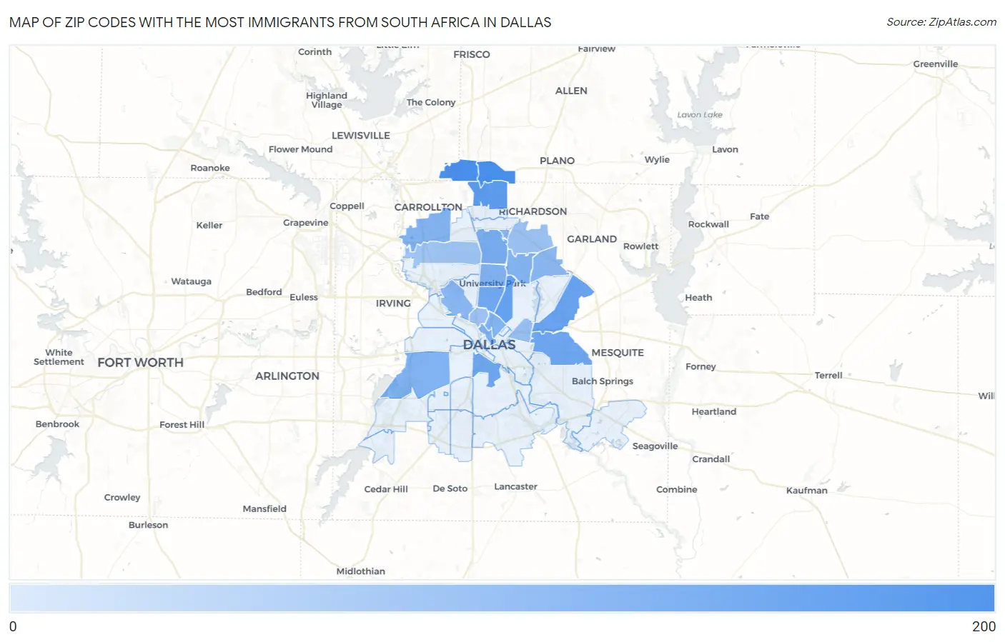 Zip Codes with the Most Immigrants from South Africa in Dallas Map