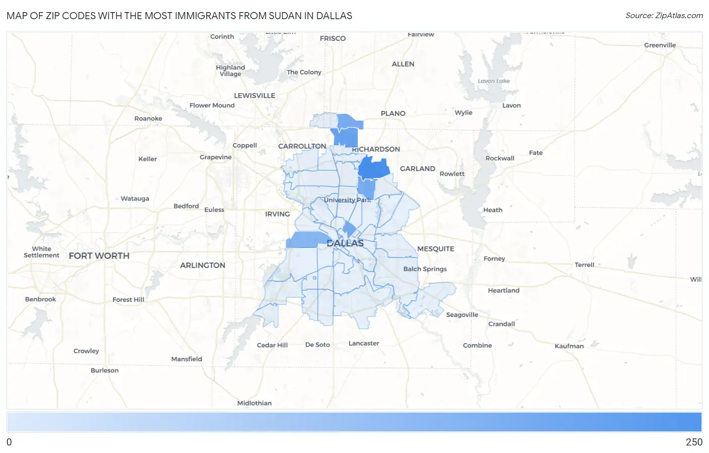 Zip Codes with the Most Immigrants from Sudan in Dallas Map