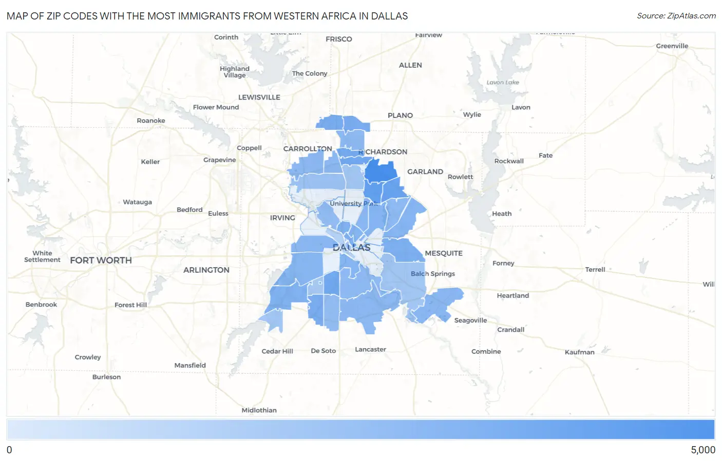 Zip Codes with the Most Immigrants from Western Africa in Dallas Map