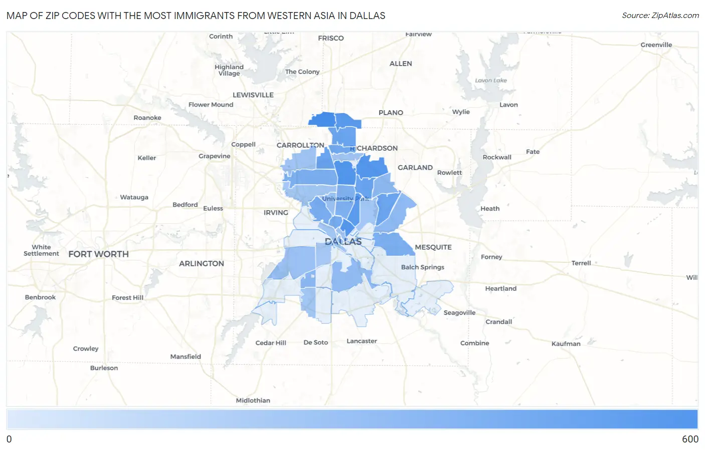 Zip Codes with the Most Immigrants from Western Asia in Dallas Map