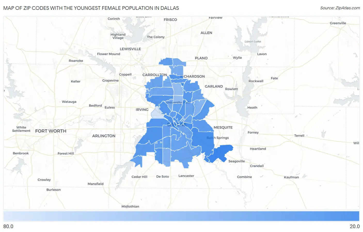 Zip Codes with the Youngest Female Population in Dallas Map