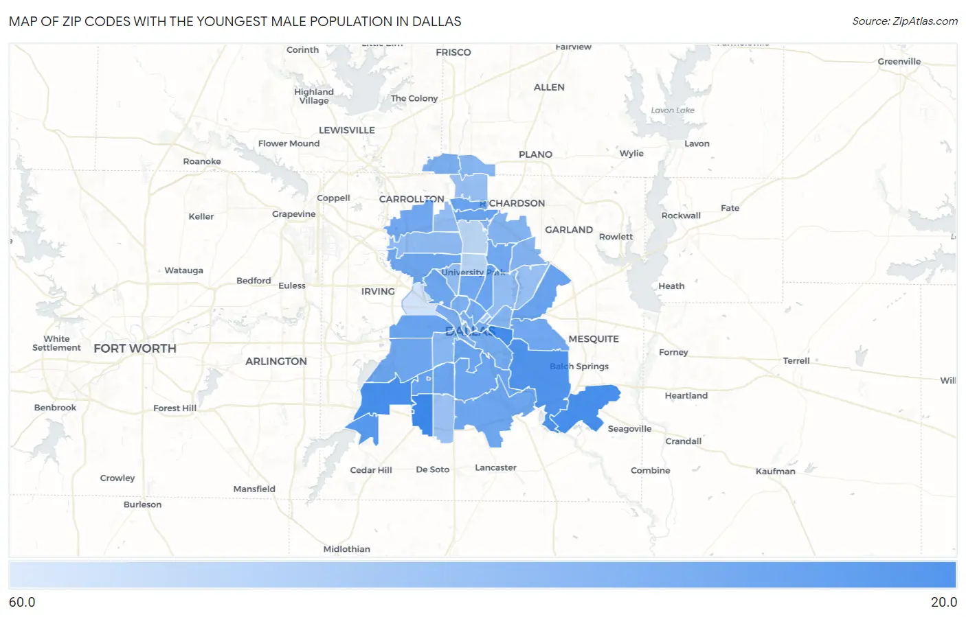 Zip Codes with the Youngest Male Population in Dallas Map