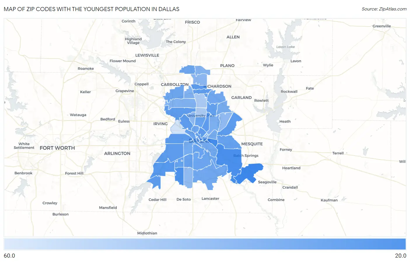 Zip Codes with the Youngest Population in Dallas Map