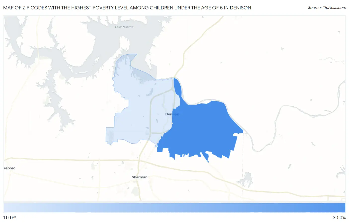 Zip Codes with the Highest Poverty Level Among Children Under the Age of 5 in Denison Map