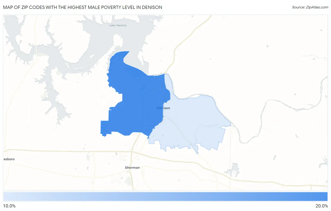 Zip Codes with the Highest Male Poverty Level in Denison Map
