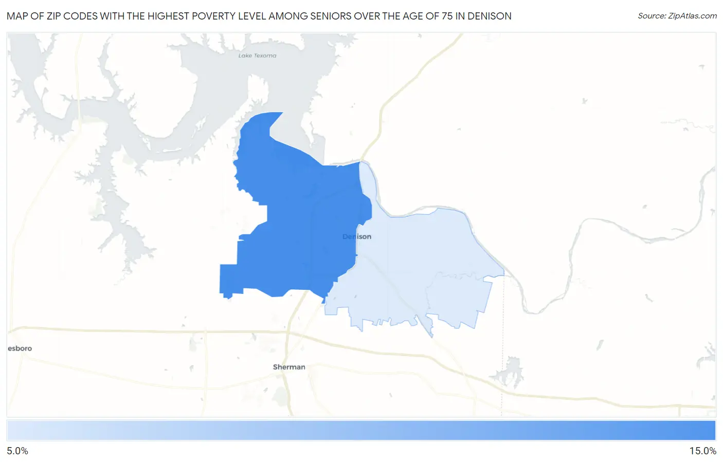 Zip Codes with the Highest Poverty Level Among Seniors Over the Age of 75 in Denison Map