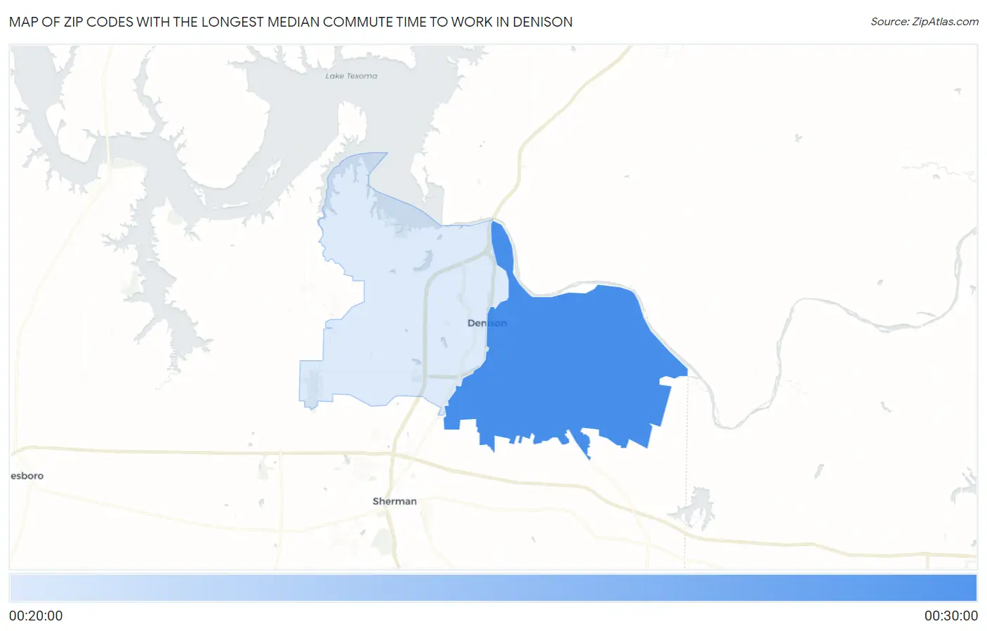 Zip Codes with the Longest Median Commute Time to Work in Denison Map