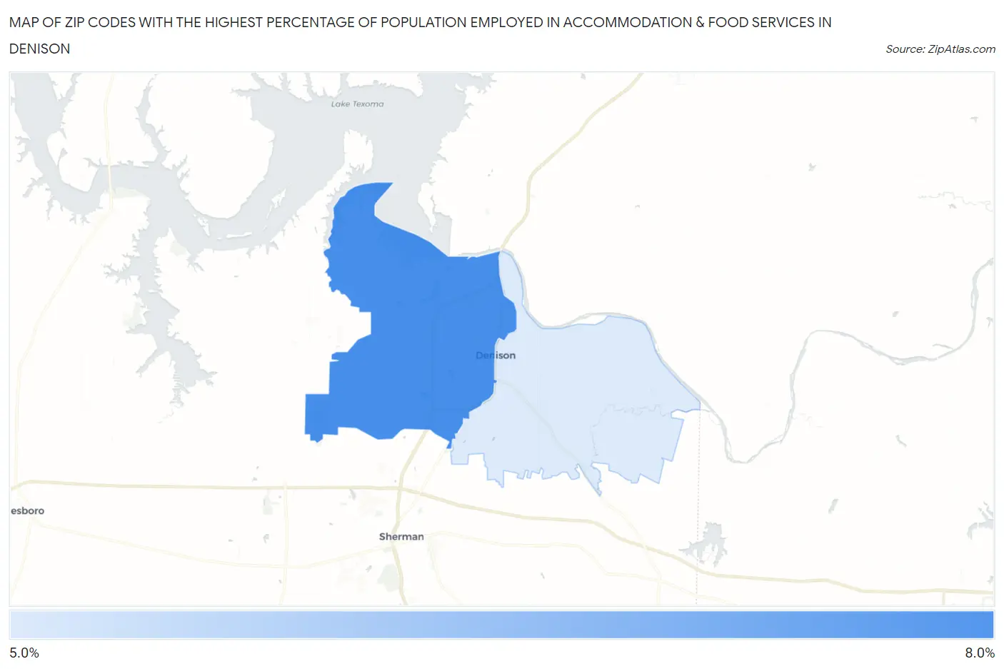 Zip Codes with the Highest Percentage of Population Employed in Accommodation & Food Services in Denison Map