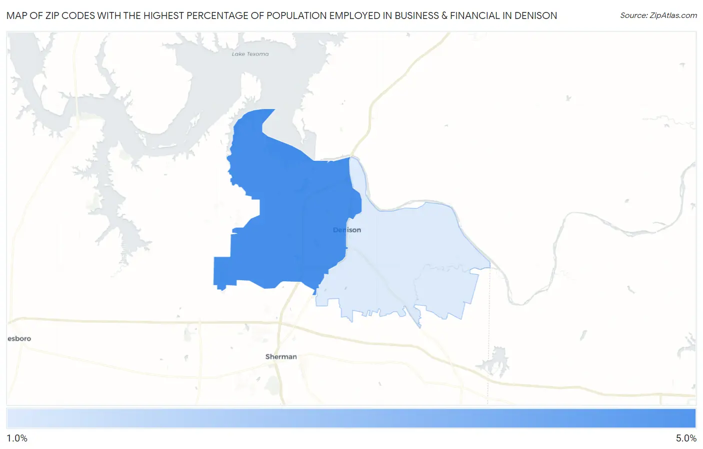 Zip Codes with the Highest Percentage of Population Employed in Business & Financial in Denison Map