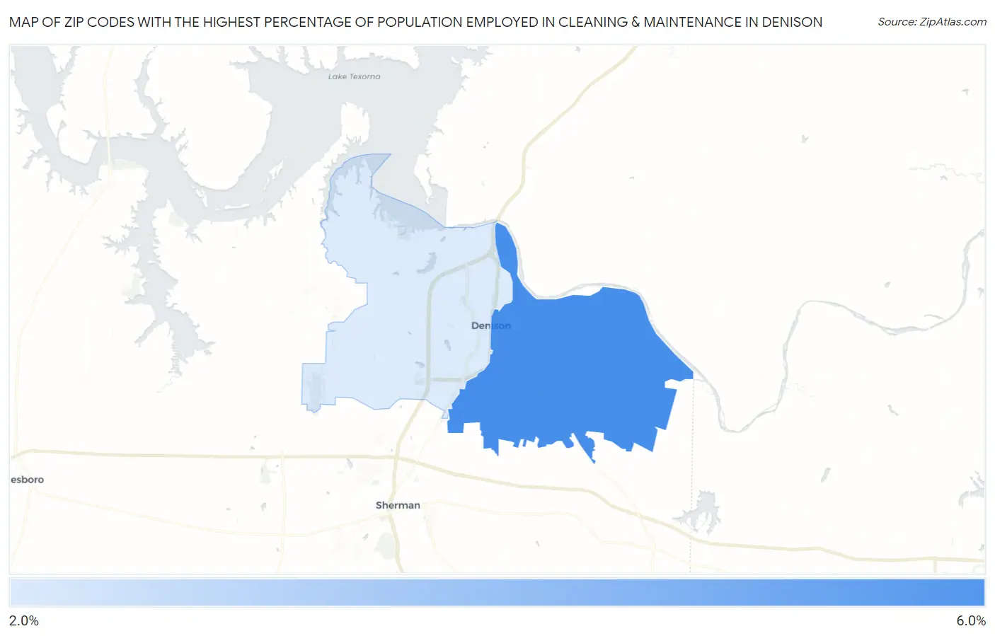 Zip Codes with the Highest Percentage of Population Employed in Cleaning & Maintenance in Denison Map