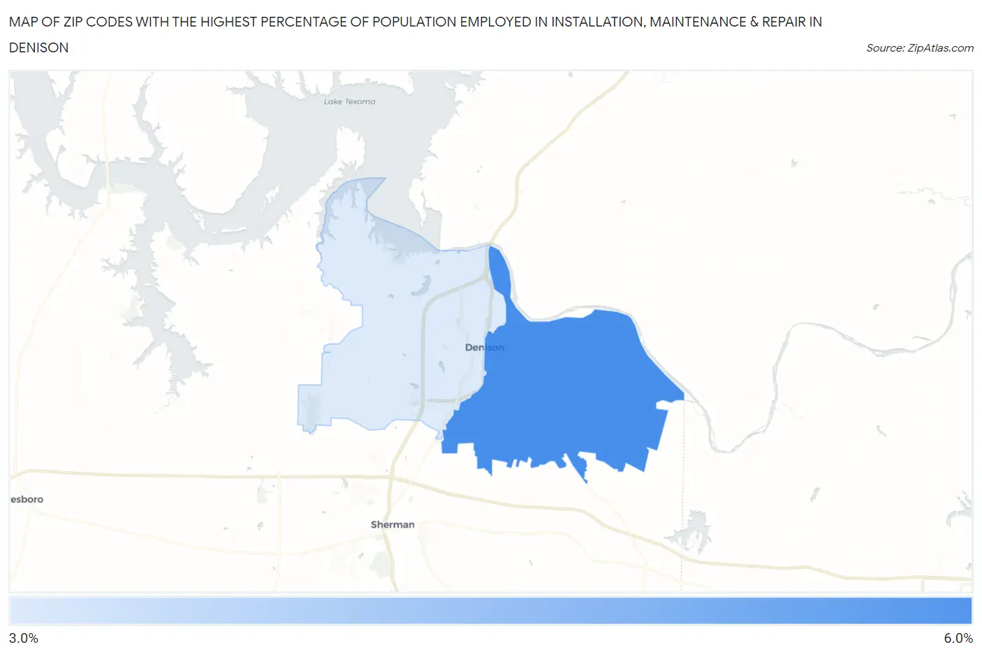 Zip Codes with the Highest Percentage of Population Employed in Installation, Maintenance & Repair in Denison Map