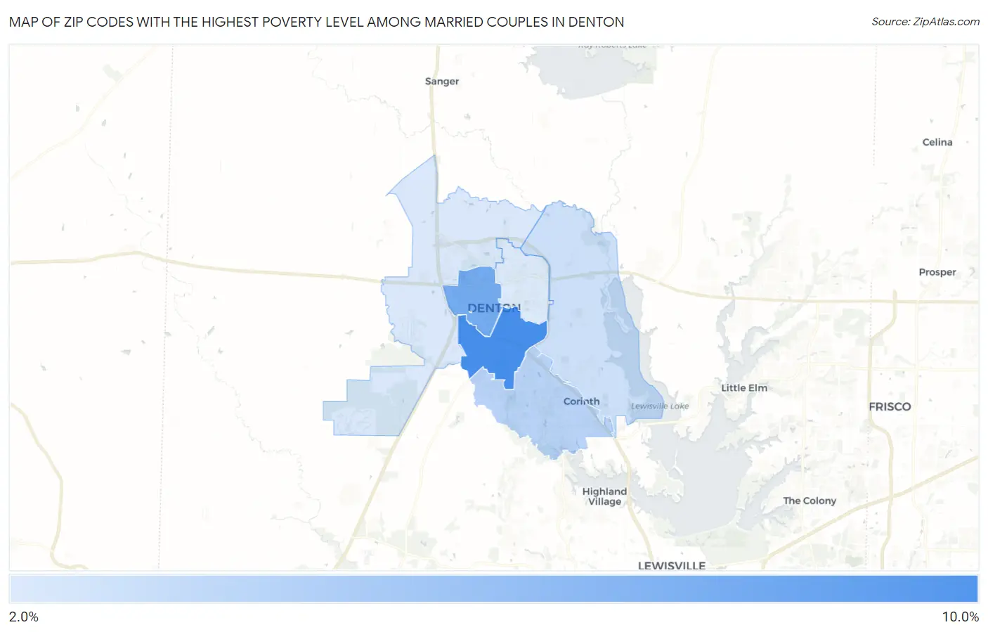 Zip Codes with the Highest Poverty Level Among Married Couples in Denton Map