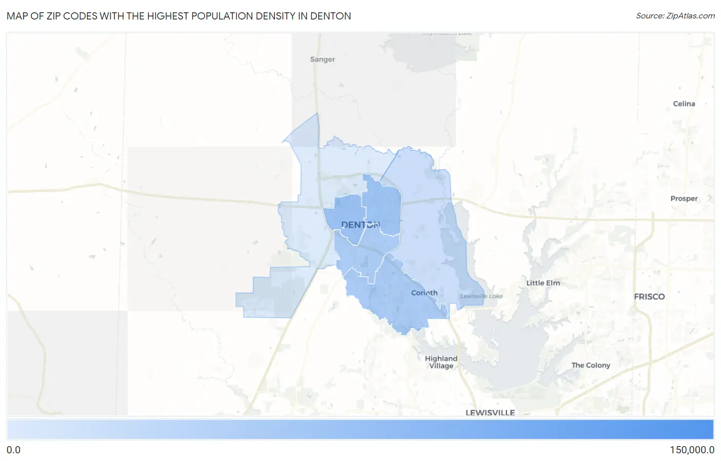 Zip Codes with the Highest Population Density in Denton Map