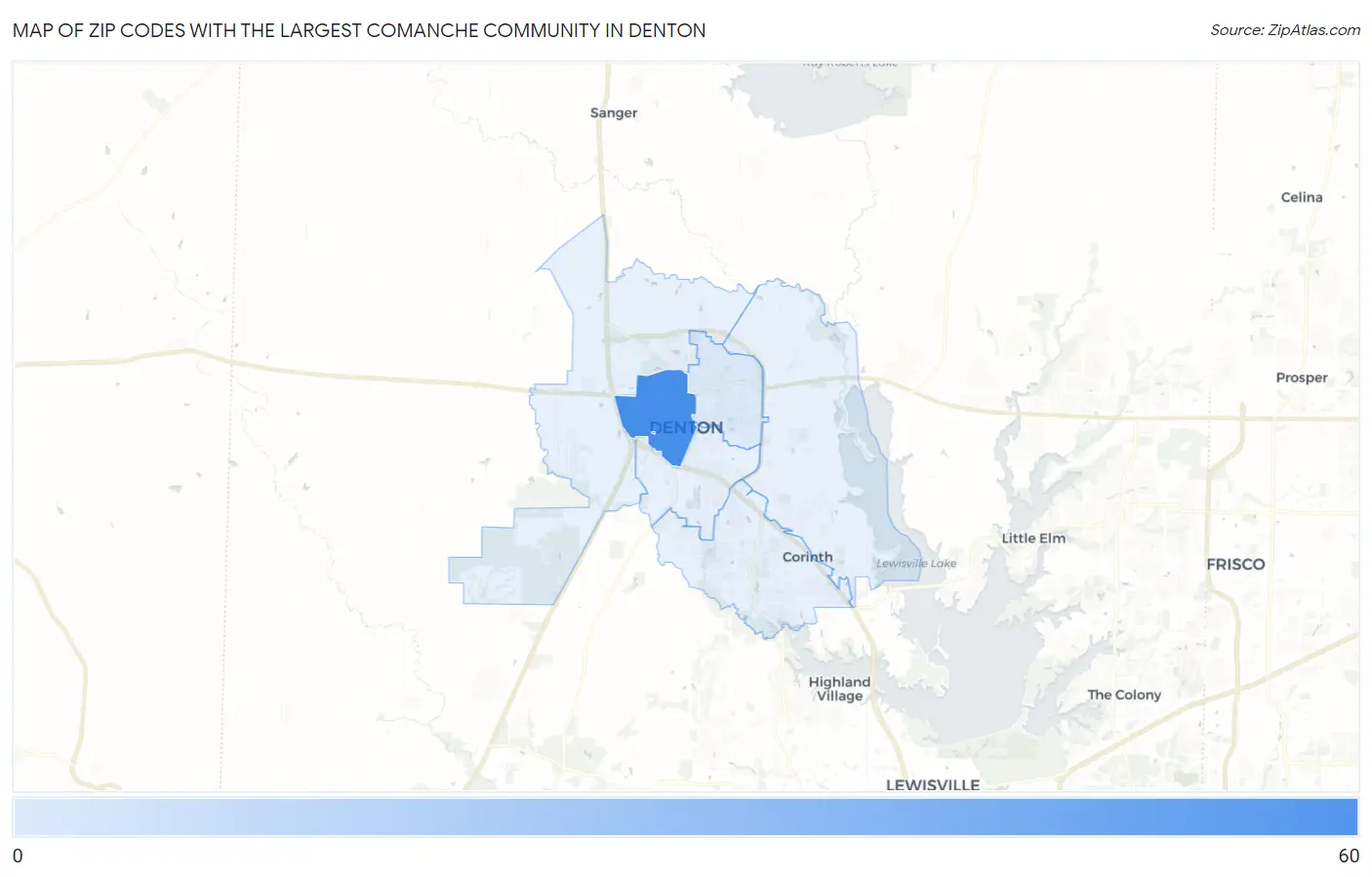 Zip Codes with the Largest Comanche Community in Denton Map