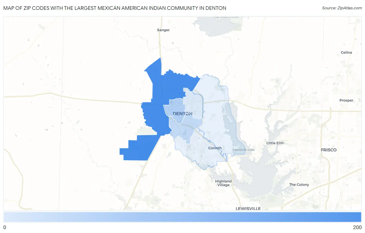Zip Codes with the Largest Mexican American Indian Community in Denton Map