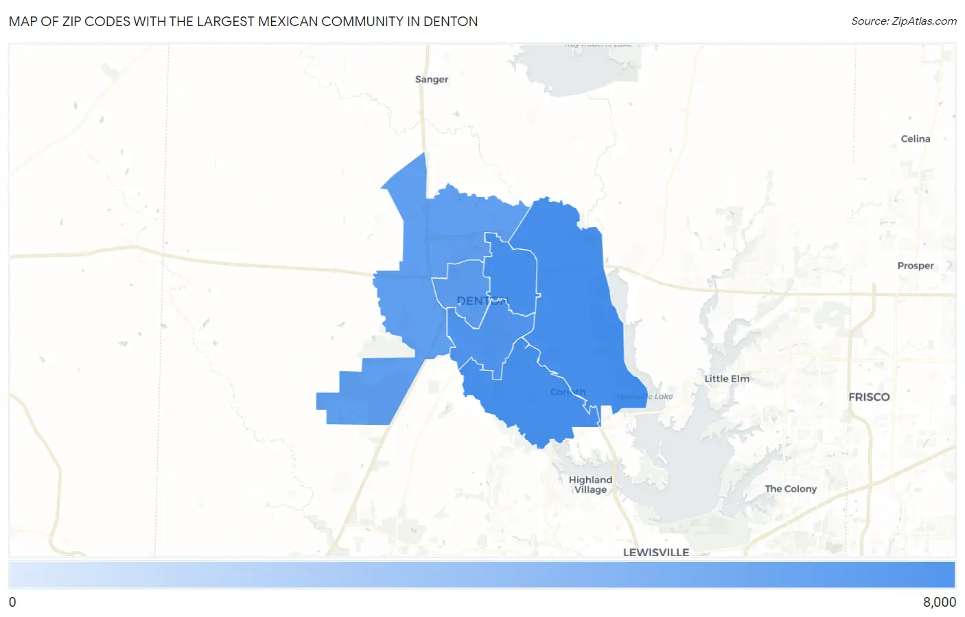 Zip Codes with the Largest Mexican Community in Denton Map