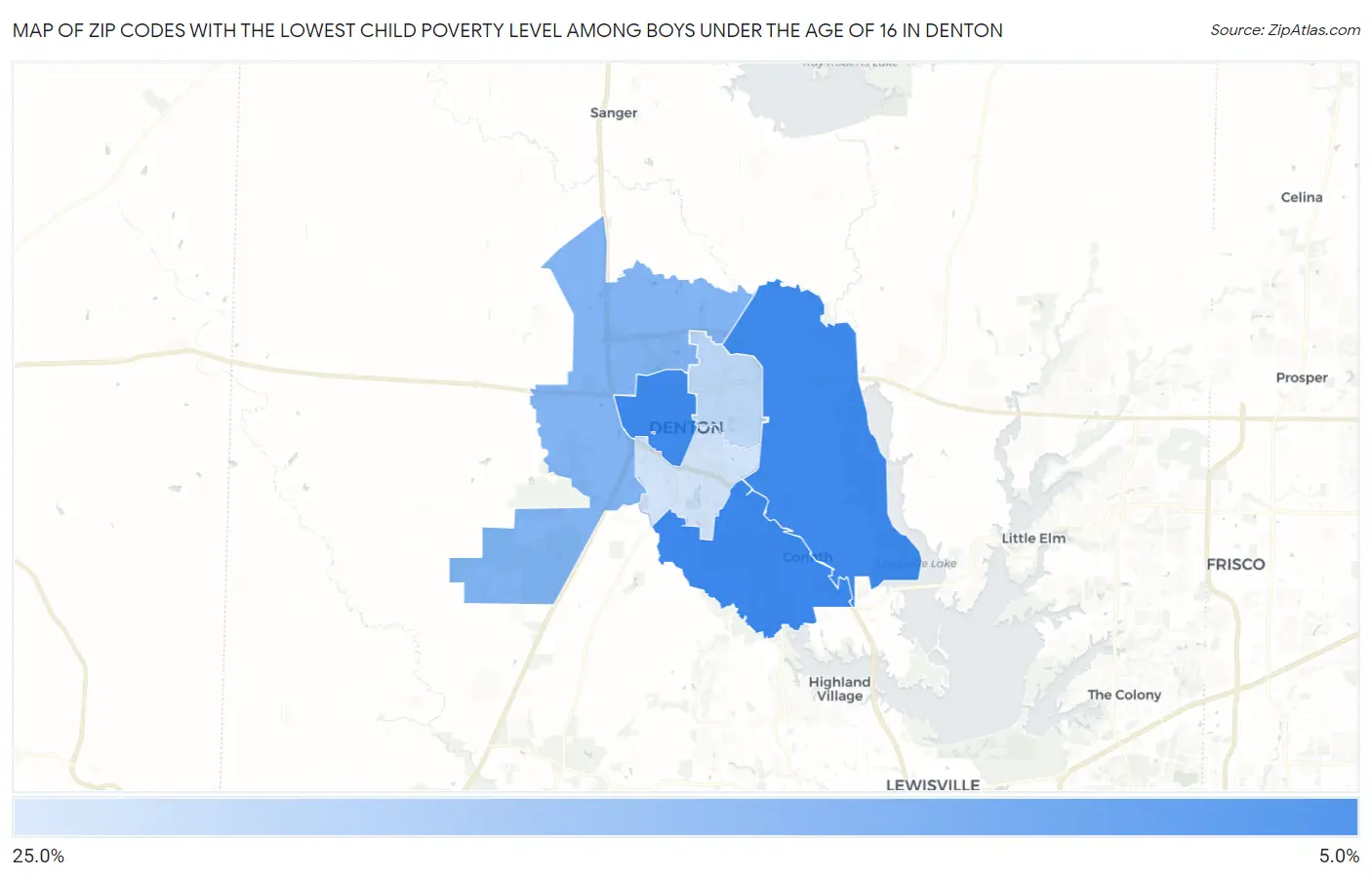 Zip Codes with the Lowest Child Poverty Level Among Boys Under the Age of 16 in Denton Map