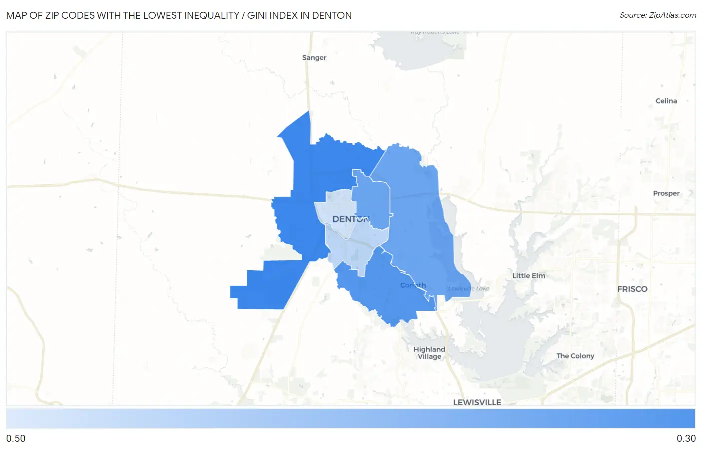 Zip Codes with the Lowest Inequality / Gini Index in Denton Map