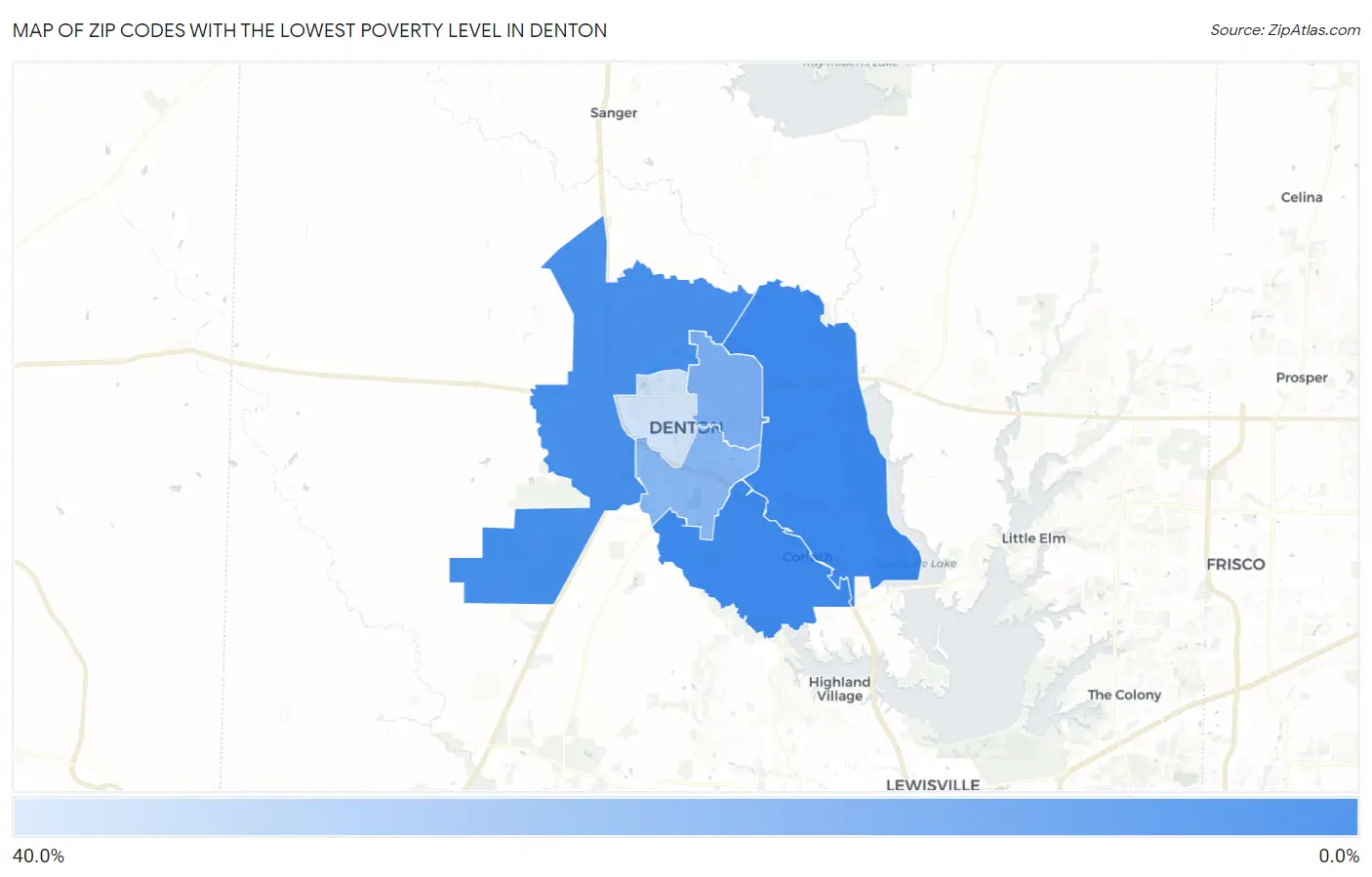 Zip Codes with the Lowest Poverty Level in Denton Map