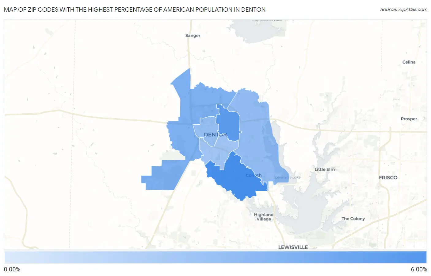 Zip Codes with the Highest Percentage of American Population in Denton Map