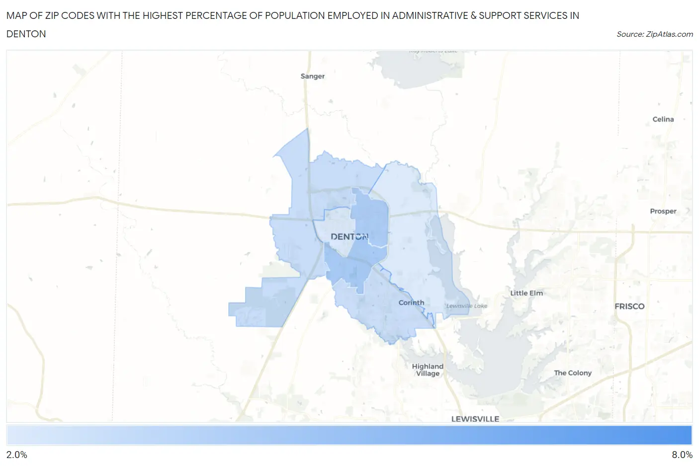 Zip Codes with the Highest Percentage of Population Employed in Administrative & Support Services in Denton Map