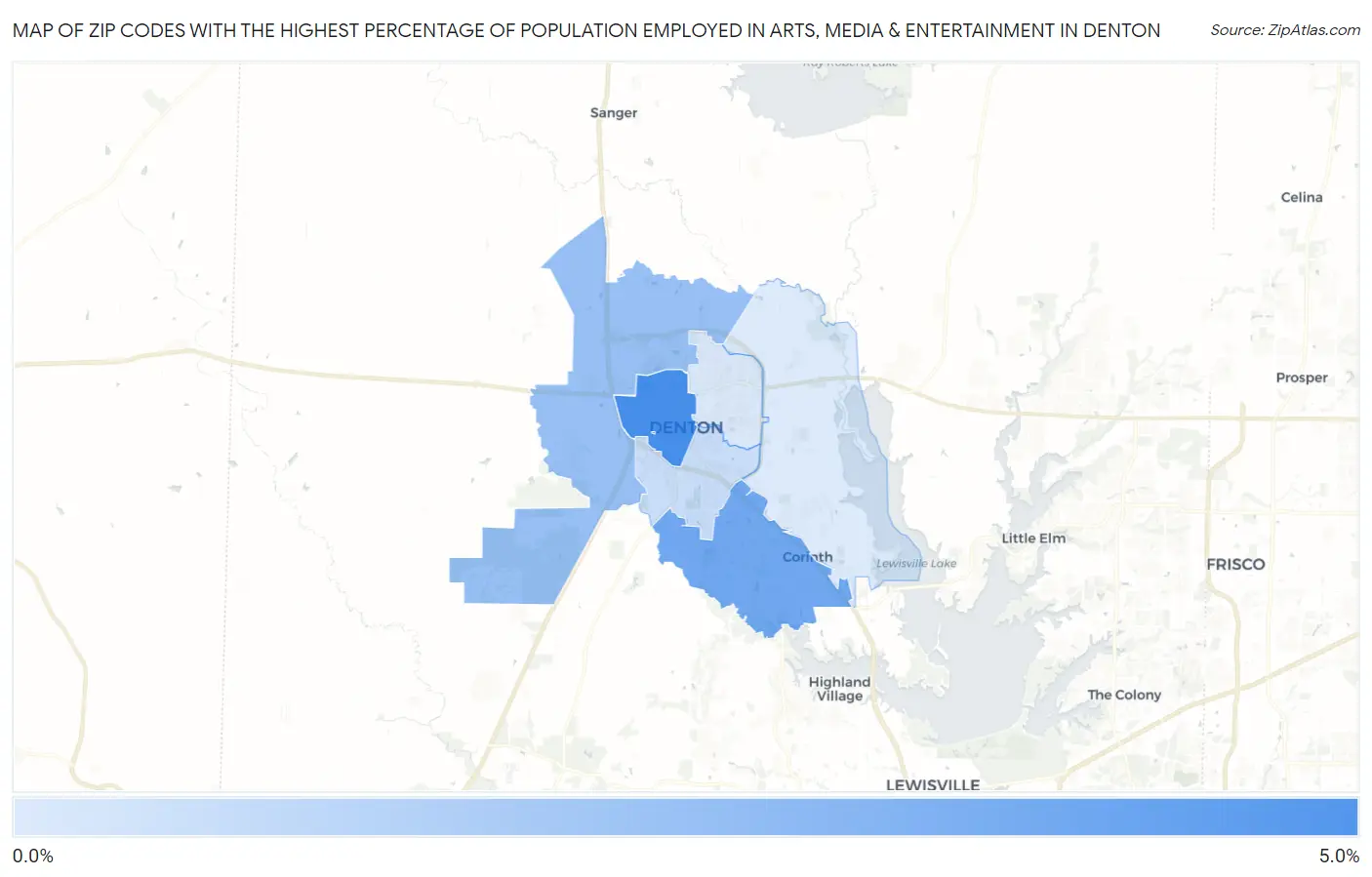 Zip Codes with the Highest Percentage of Population Employed in Arts, Media & Entertainment in Denton Map