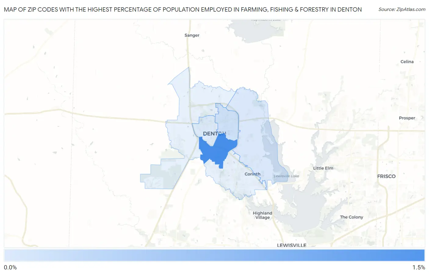 Zip Codes with the Highest Percentage of Population Employed in Farming, Fishing & Forestry in Denton Map
