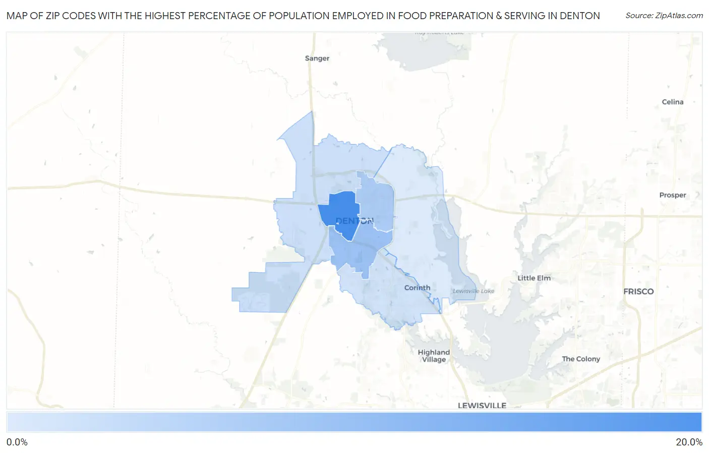 Zip Codes with the Highest Percentage of Population Employed in Food Preparation & Serving in Denton Map