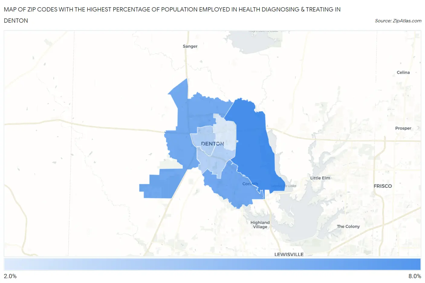 Zip Codes with the Highest Percentage of Population Employed in Health Diagnosing & Treating in Denton Map