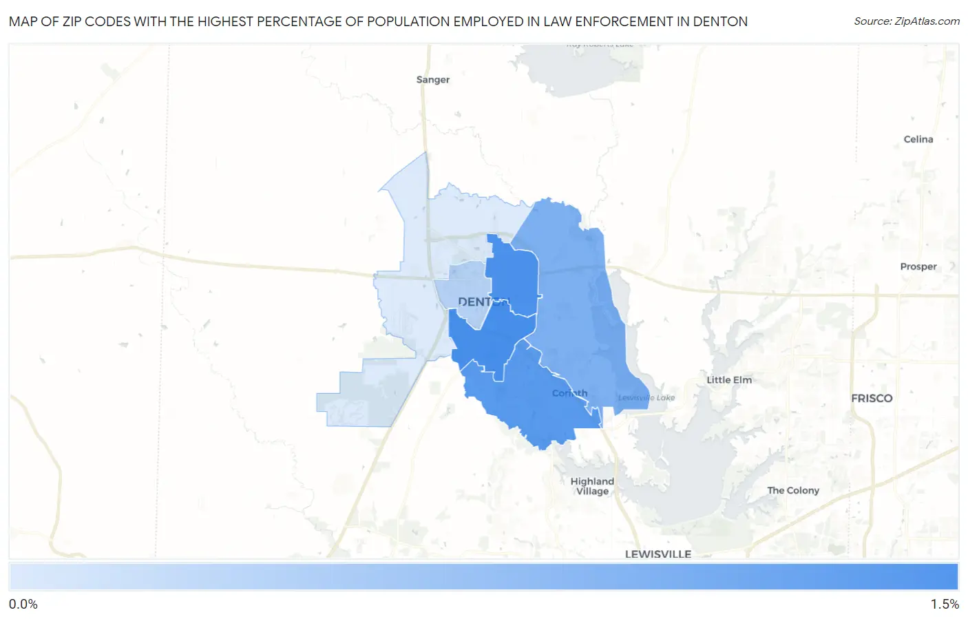 Zip Codes with the Highest Percentage of Population Employed in Law Enforcement in Denton Map