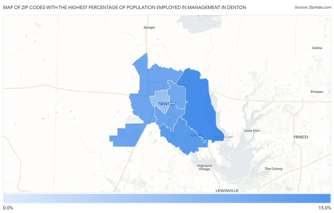 Zip Codes with the Highest Percentage of Population Employed in Management in Denton Map