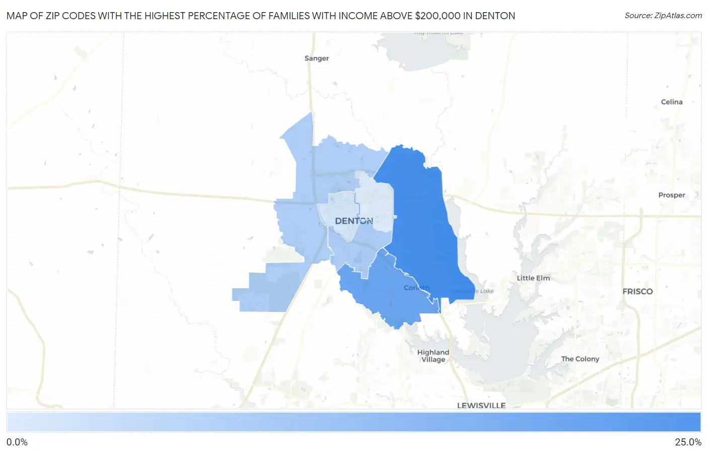 Zip Codes with the Highest Percentage of Families with Income Above $200,000 in Denton Map