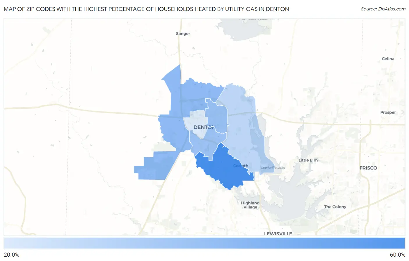 Zip Codes with the Highest Percentage of Households Heated by Utility Gas in Denton Map