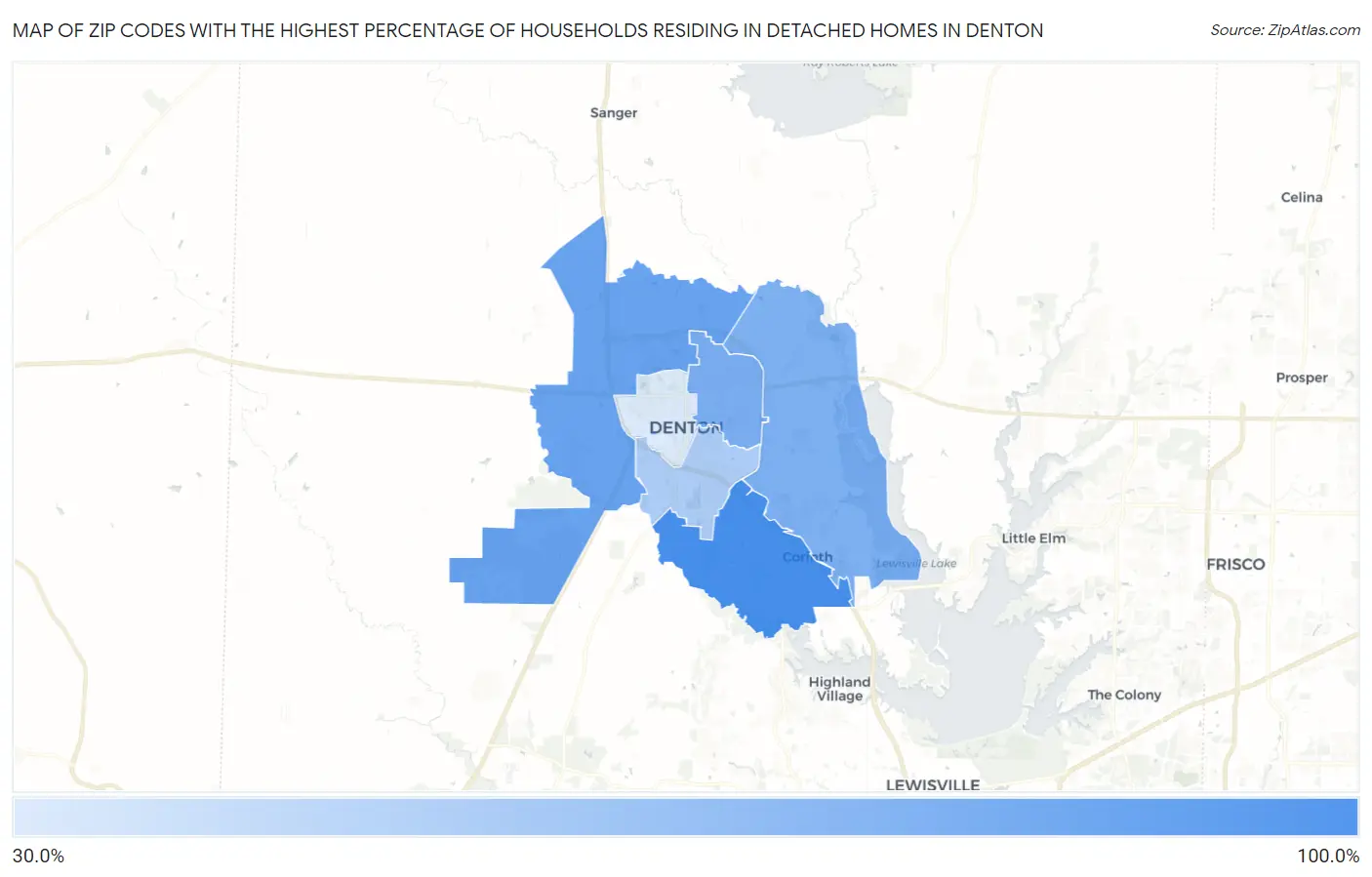 Zip Codes with the Highest Percentage of Households Residing in Detached Homes in Denton Map