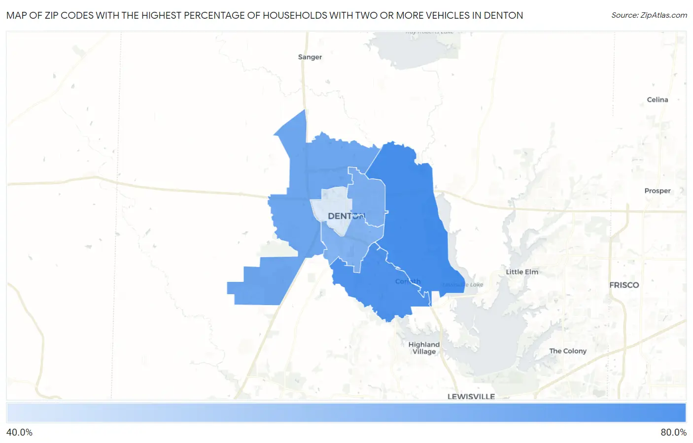 Zip Codes with the Highest Percentage of Households With Two or more Vehicles in Denton Map