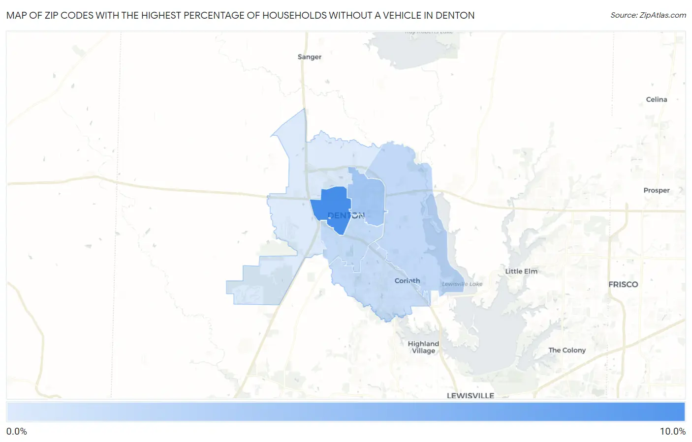 Zip Codes with the Highest Percentage of Households Without a Vehicle in Denton Map
