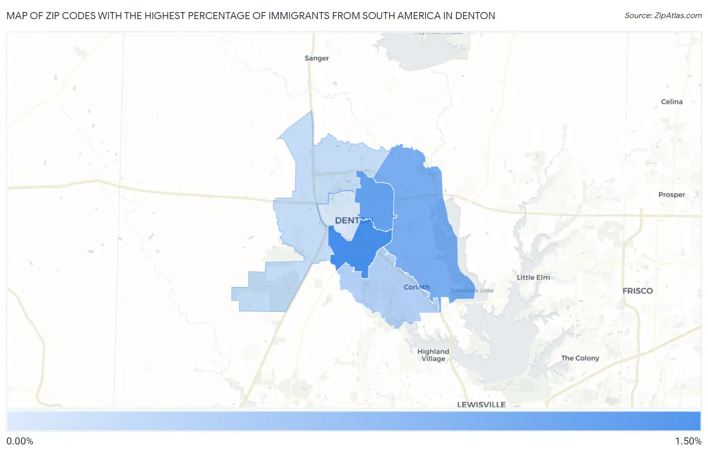 Zip Codes with the Highest Percentage of Immigrants from South America in Denton Map