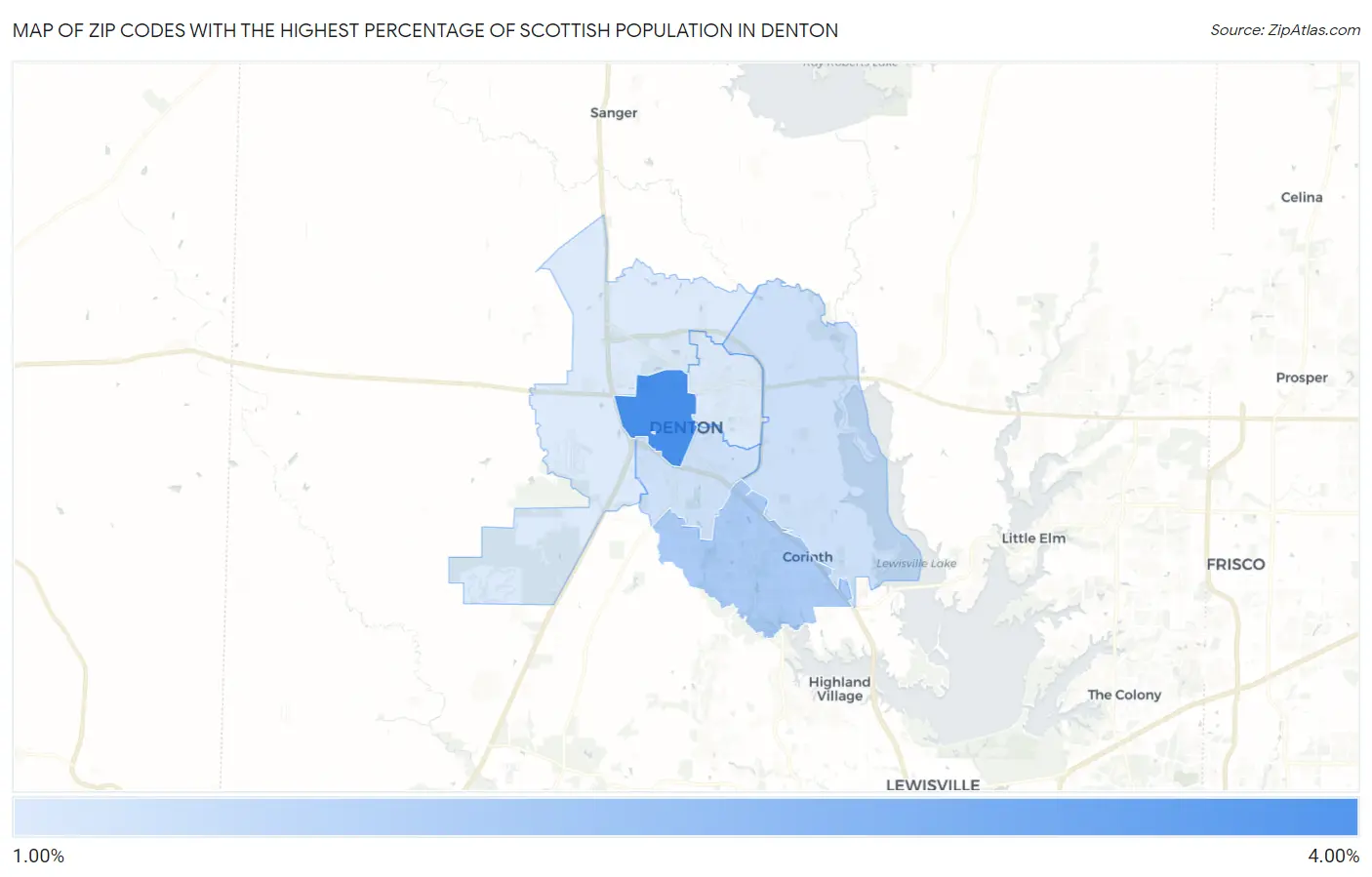 Zip Codes with the Highest Percentage of Scottish Population in Denton Map