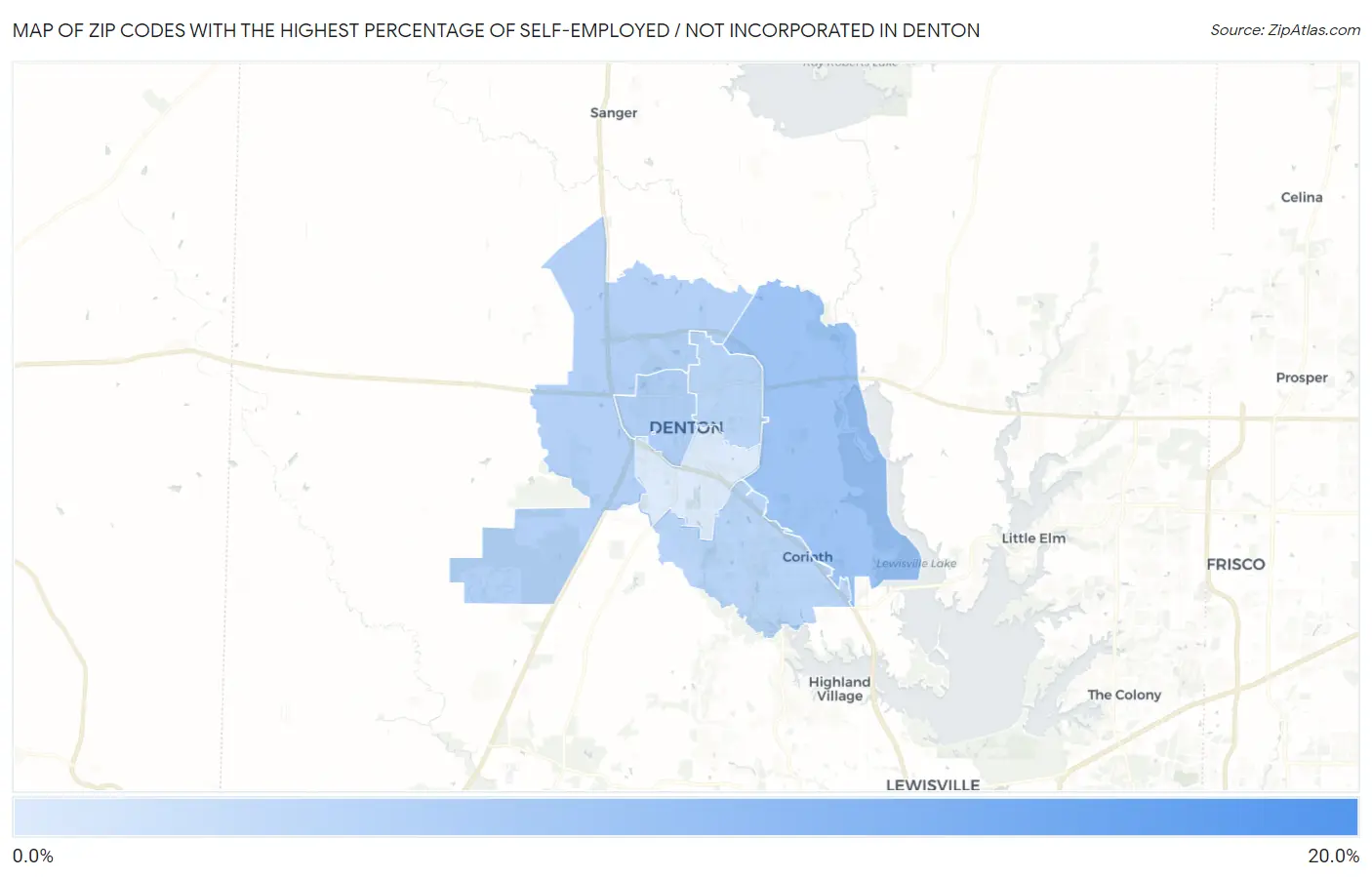 Zip Codes with the Highest Percentage of Self-Employed / Not Incorporated in Denton Map