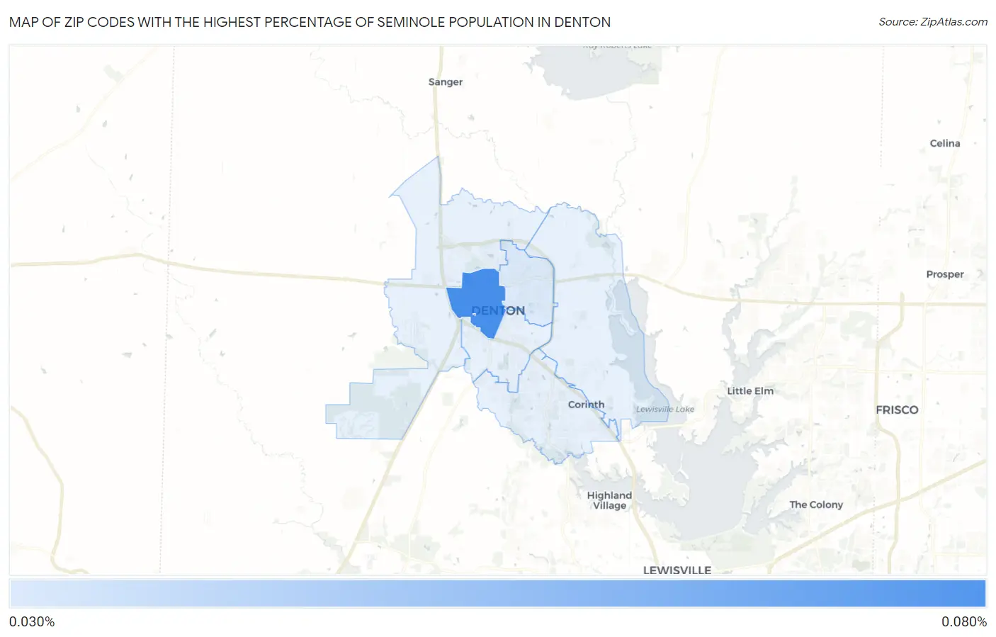 Zip Codes with the Highest Percentage of Seminole Population in Denton Map