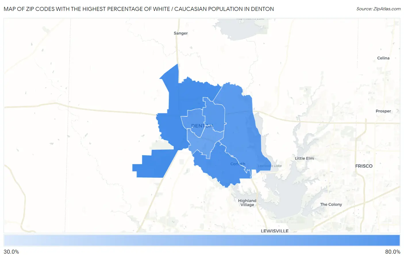 Zip Codes with the Highest Percentage of White / Caucasian Population in Denton Map