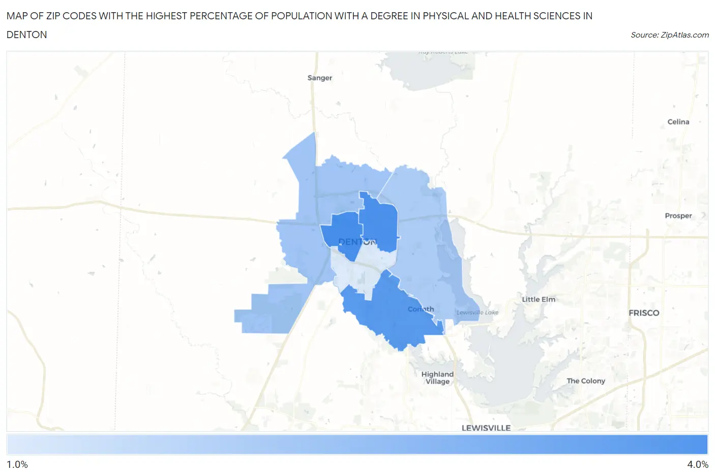 Zip Codes with the Highest Percentage of Population with a Degree in Physical and Health Sciences in Denton Map