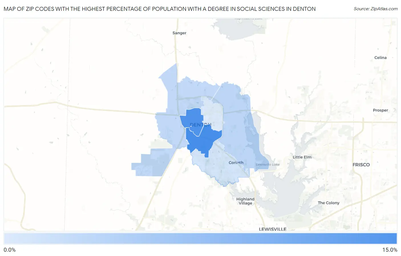 Zip Codes with the Highest Percentage of Population with a Degree in Social Sciences in Denton Map